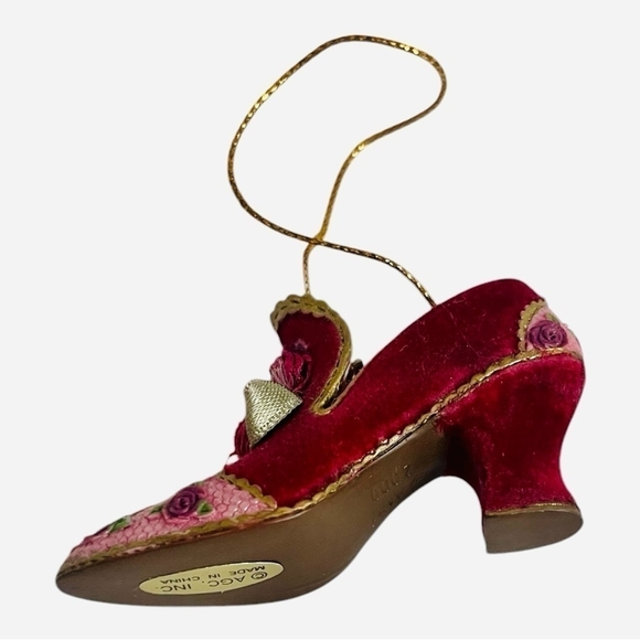 Mini Shoe Figurine Burgundy Gold Embroidered Victorian Style Shoe Xmas Ornament - Picture 4 of 5